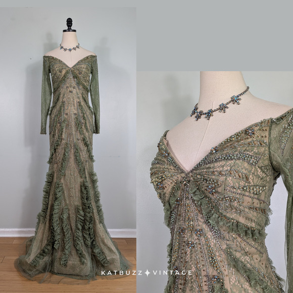 Terani Couture Dresses & Skirts - Vintage Terani Prom Dress Maxi Gown 4 Green Ruffle Fairy Princess Sleeve Evening